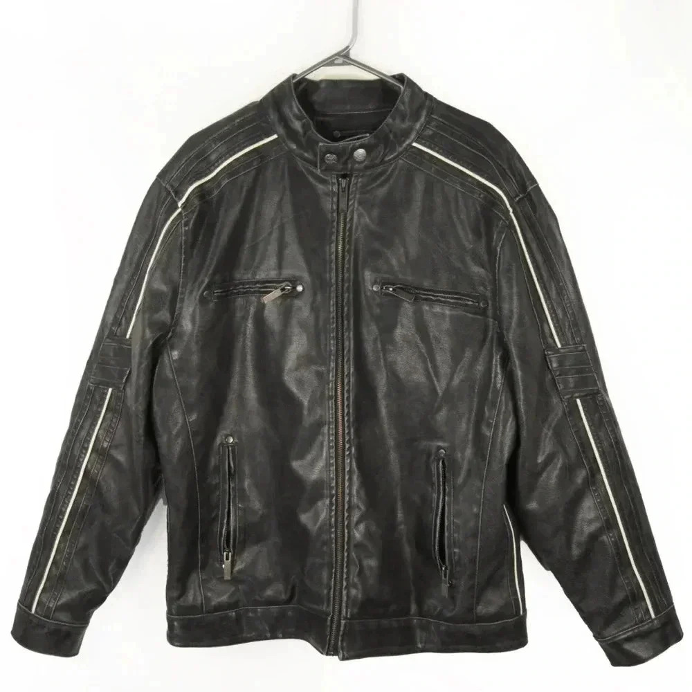 Vintage Moto Gear Black Striped Leather Biker Motorcycle Faux Leather Jacket - Picture 2 of 4